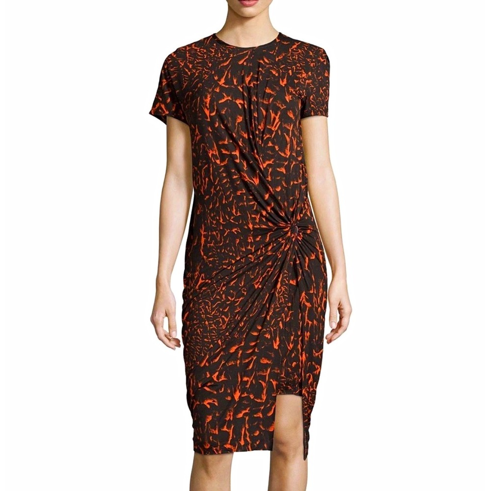 NWT Helmut Lang Women's Strata Print Gathered Knot Midi Dress Vein Print Small